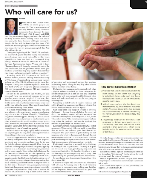 Who will care for us - the March article in Jewish News 2022
